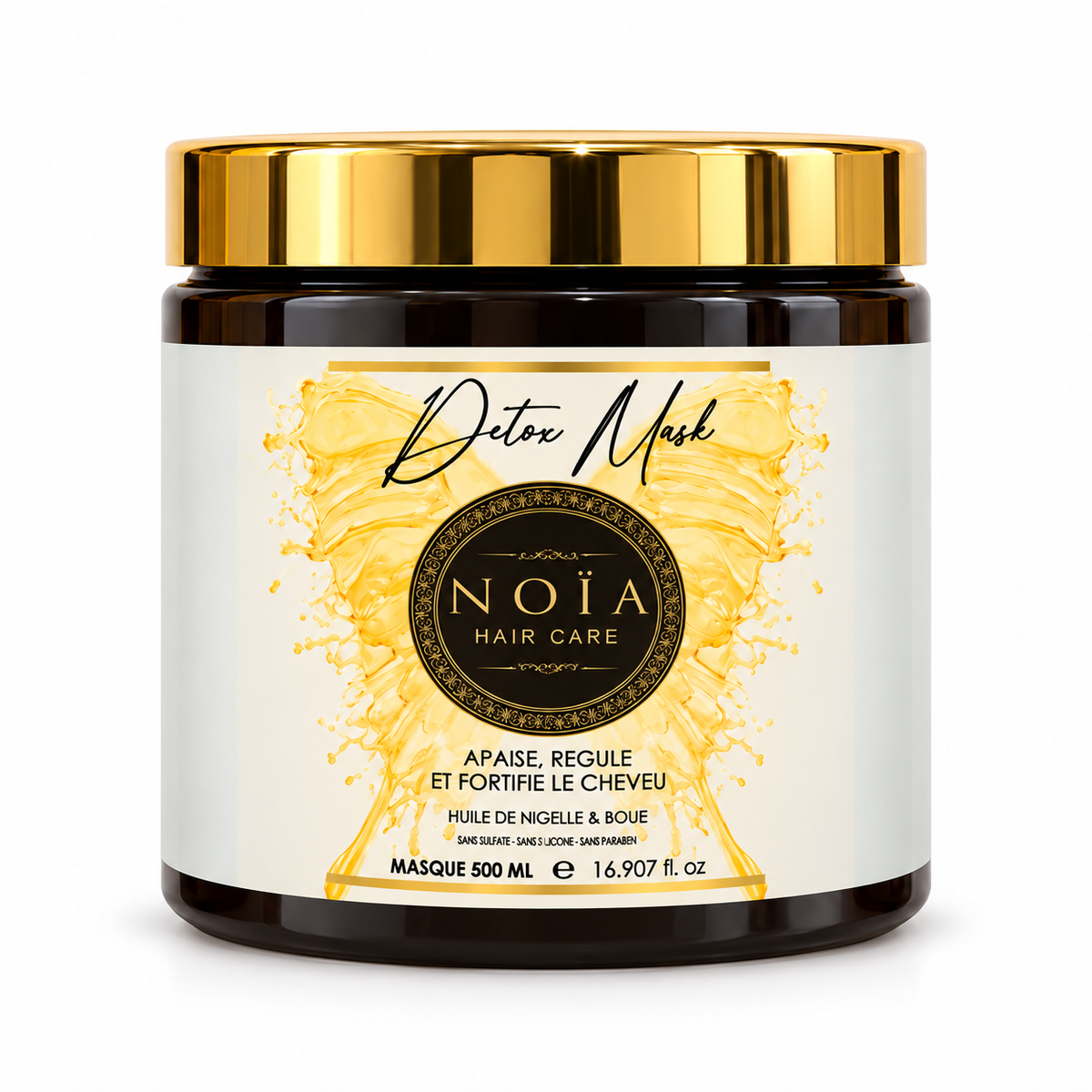 Masque Détox NOÏA Hair Care 500 ml à l'huile de nigelle et boue, soin capillaire sans sulfate qui apaise et fortifie