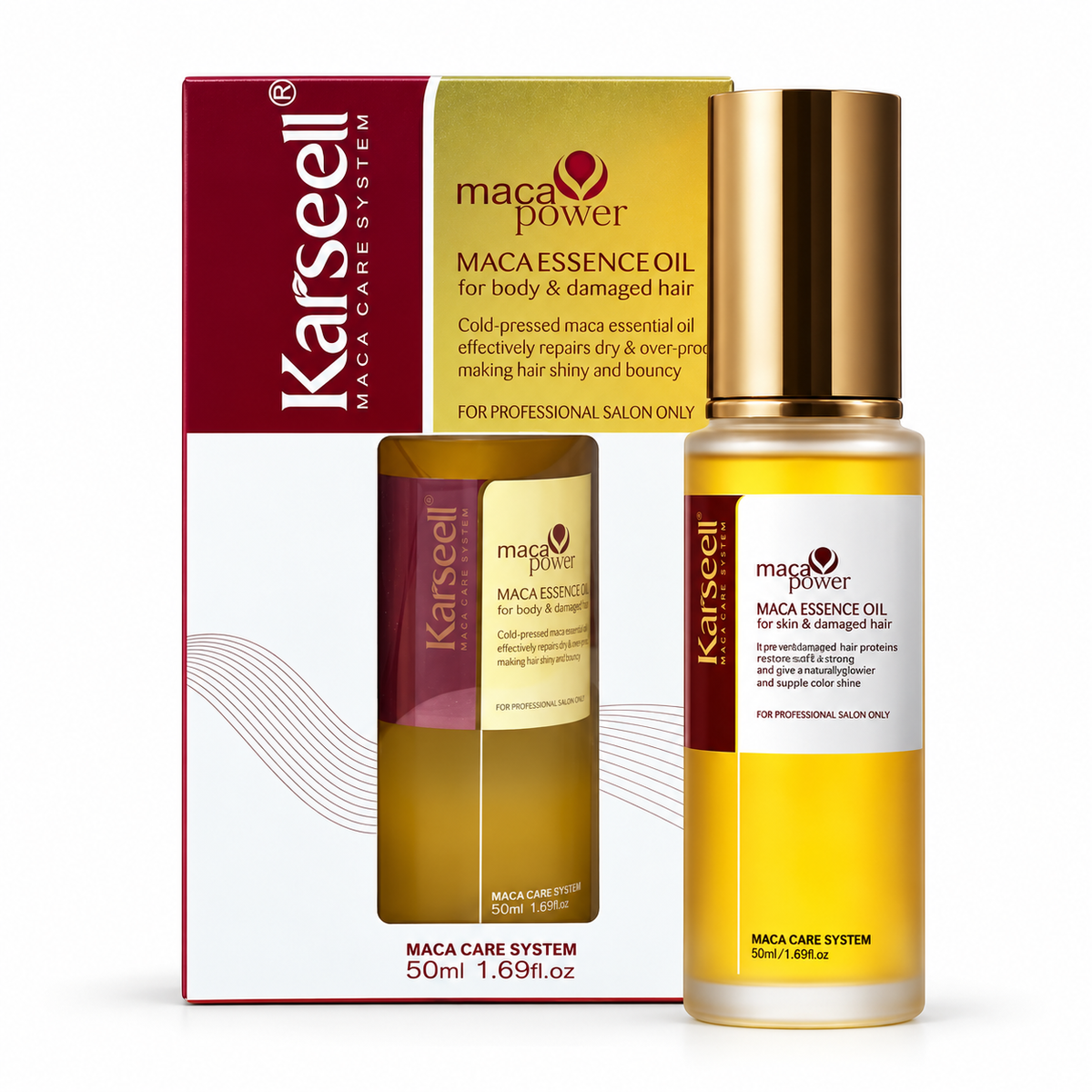 Sérum Karseell Maca Essence Oil 50 ml, huile capillaire sans rinçage pour cheveux abîmés