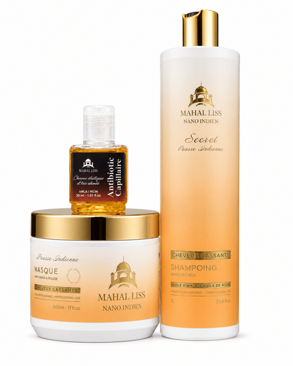 Kit Entretien Lissage Nano Indien Mahal Liss : shampoing, masque huile d'Amla et Ricin et Antibiotic Capillaire